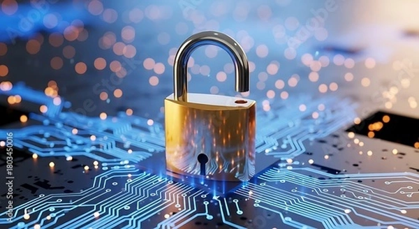 Fototapeta Padlock on a circuit board representing cybersecurity, data protection, and network security in the digital age