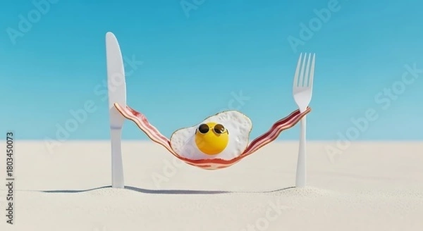 Fototapeta Sunny side up egg relaxing in a bacon hammock on a sandy beach under a clear blue sky, a whimsical food vacation scene