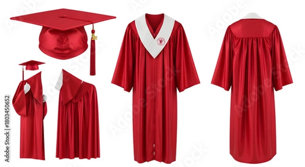 Fototapeta Graduation Caps Gowns and Scrolls in Red with White Collars and Tassels diploma isolated on a transparent background