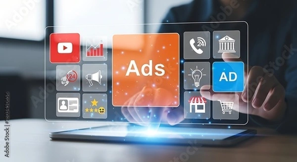 Fototapeta Businessman using digital tablet to create online advertising campaign and marketing strategy to promote products and services for business growth