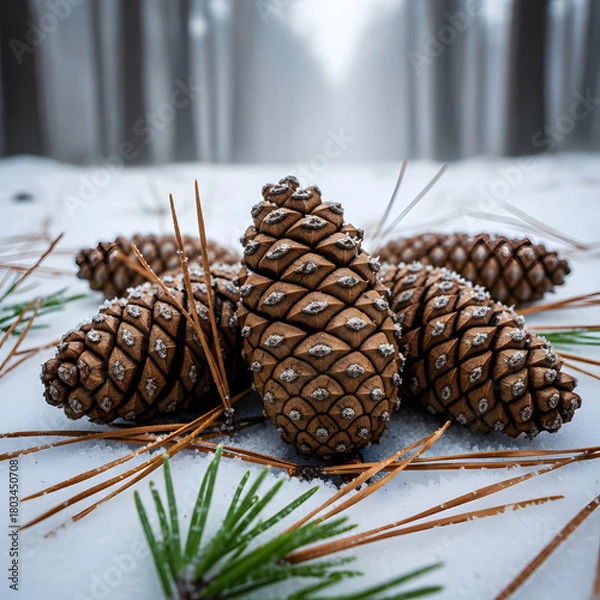 Fototapeta Pile of pine cones sitting on ground in winter forest with snow covering surface