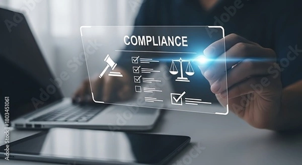 Fototapeta Businessman using laptop with compliance regulation law concept, showing compliance rules law and standard certification