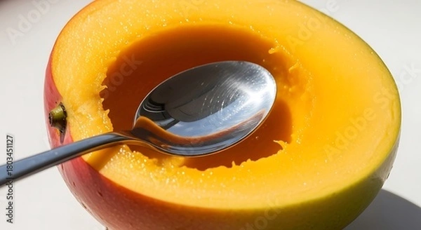 Fototapeta Close up of a half cut ripe mango fruit with a spoon inside, ready to eat a healthy and sweet dessert