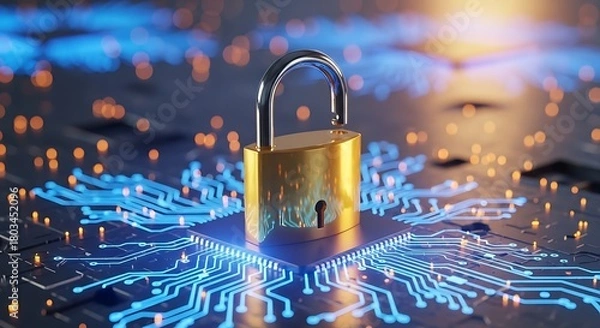 Fototapeta A golden padlock sits atop a computer chip, symbolizing cybersecurity and data protection in the digital age concept