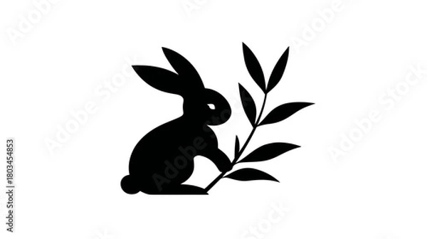 Obraz Black rabbit silhouette holding a plant stem with leaves, isolated graphic icon on white background, nature animal symbol