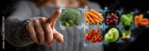 Obraz A woman selecting a nutritious meal selection on a virtual screen promoting the idea of balanced nutrition, video