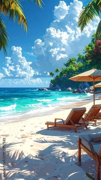 Fototapeta A vibrant digital illustration depicts a tropical paradise with a white sand beach, turquoise water, and clear blue sky with fluffy clouds