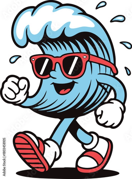 Obraz Cool Wave Mascot Walking with Sunglasses, Cool Wave Mascot Walking with Sunglasses, Surfing Wave Walking in Sneakers, Summer Beach Wave Illustration
