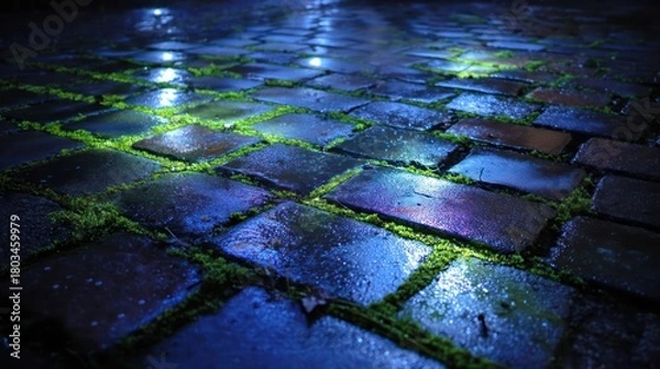 Fototapeta Damp cobblestone floor reflecting pale blue moonlight slick sheen enhanced by light mist Cracks between stones filled with