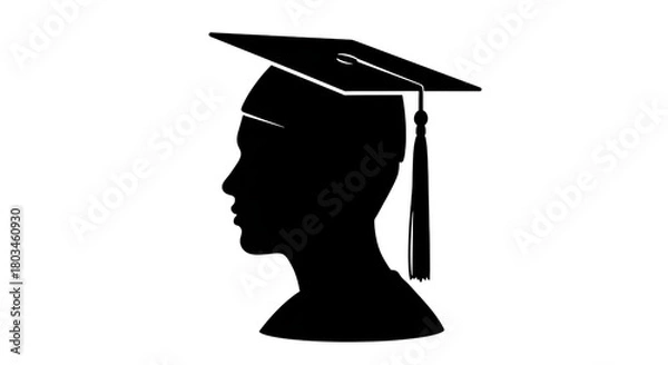Fototapeta Silhouette Profile of Graduation Cap and Head Outline White on Black graphic design isolated on a transparent background
