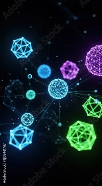 Obraz Abstract Geometric Network of Glowing Orbs and Polyhedrons in Dark Space.