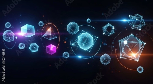 Obraz Abstract Geometric Shapes and Glowing Orbs in Digital Space.