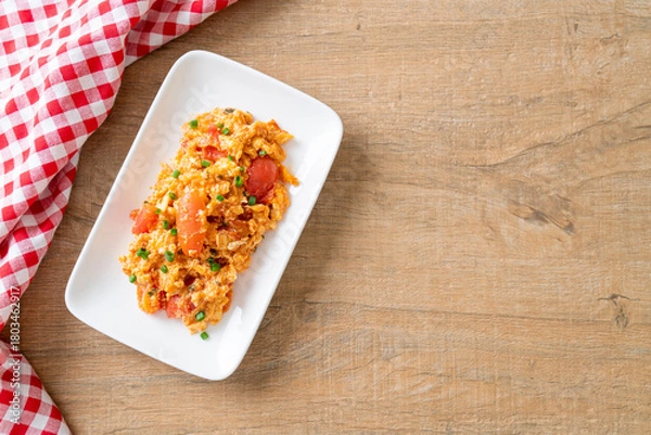 Obraz Stir-fried tomatoes with egg or Scrambled eggs with tomatoes