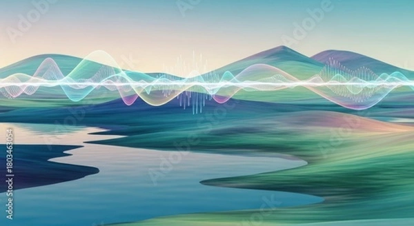 Obraz Abstract Soundwave Visualization Over Serene Mountain Landscape.