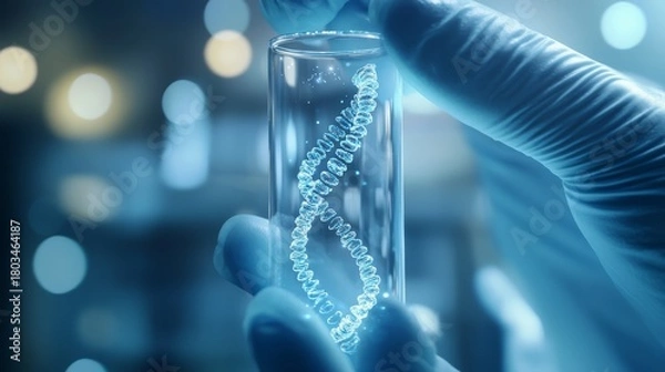 Fototapeta Close-up of biotechnologist's gloved hands holding crystalline glass phial with 3D visualization of viral RNA mutation floating within, intricate detail of double helix structure with visible