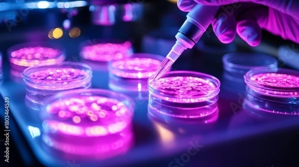 Fototapeta Futuristic laboratory scene with illuminated petri dishes containing luminescent stem cells, researcher's hand visible manipulating micropipette, dramatic lighting highlighting cellular therapy