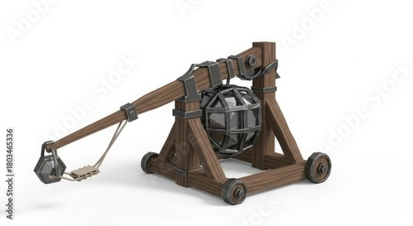 Obraz Ancient Wooden Catapult with Metal Ball on White Background.