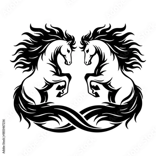 Fototapeta Symmetrical rearing horse silhouettes with intertwined flowing tails
