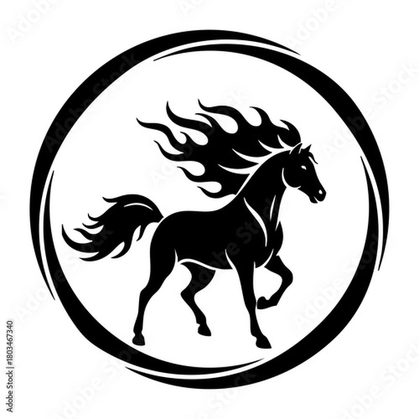 Fototapeta Flaming mane horse silhouette inside circular emblem
