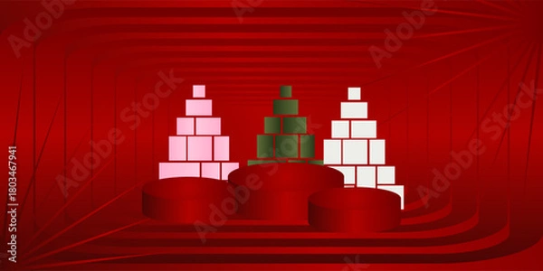 Obraz Geometric Christmas Trees on Red Podium Background Illustration