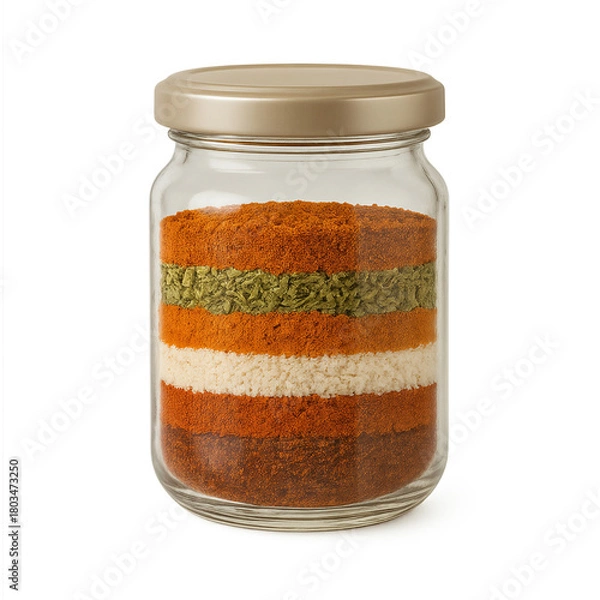 Fototapeta Stacked Spices in Clear Glass Jar with Metal Lid, Assorted Ground and Powdered Seasonings in Layers, Culinary Ingredient for Cooking and Flavoring