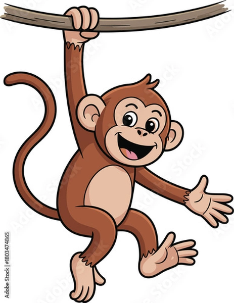 Fototapeta Cartoon monkey hanging, cheerful jungle animal, smiling character, swinging pose, brown fur, vector illustration, white background, playful expression, kids art