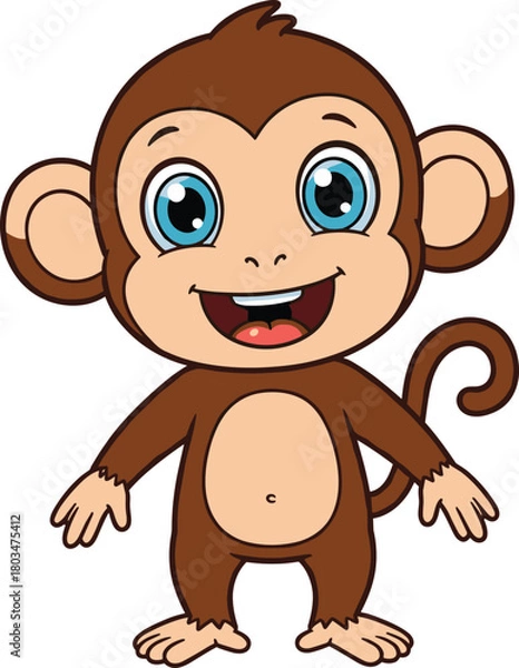 Fototapeta Cartoon monkey standing with big eyes, cheerful primate character illustration, children’s book animal artwork, playful design, cad drawing flat vector illustration