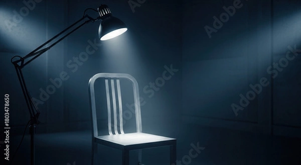 Fototapeta Intense interrogation scene with a single chair under a spotlight creating dramatic shadows and a sense of mystery and suspense