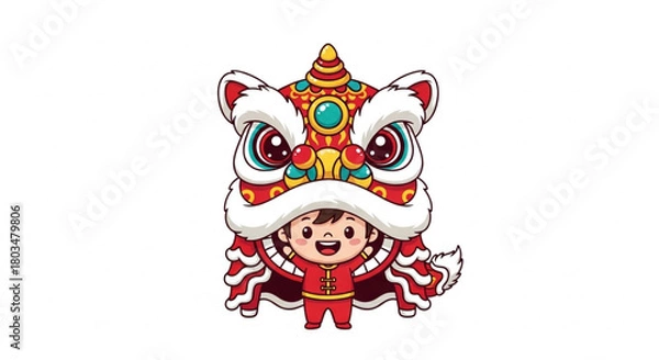 Fototapeta Cute Child Performing Lion Dance for Chinese New Year