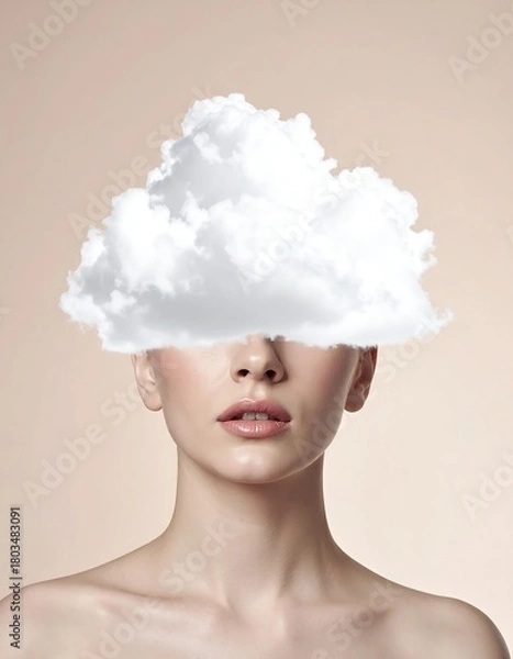 Obraz Woman with cloud for a head, close-up with peach background
