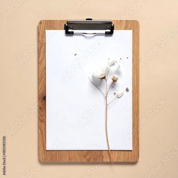 Obraz Wooden clipboard with blank paper and a delicate, dried white flower