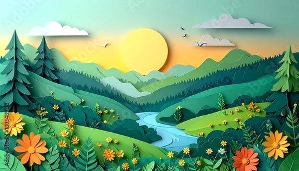 Obraz A vibrant, paper-cut style landscape featuring layered mountains, a winding river, and a bright sun with puffy clouds