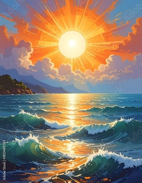 Fototapeta A vibrant painting of a radiant sun bursting over a wavy ocean, reflecting light. Mountains and clouds complete the coastal scene