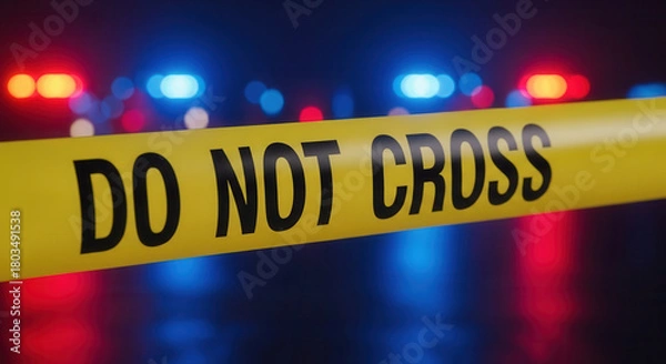 Obraz Intense scene with bright police lights and yellow caution tape reading 'Do Not Cross' - perfect for true crime documentaries or suspenseful storytelling