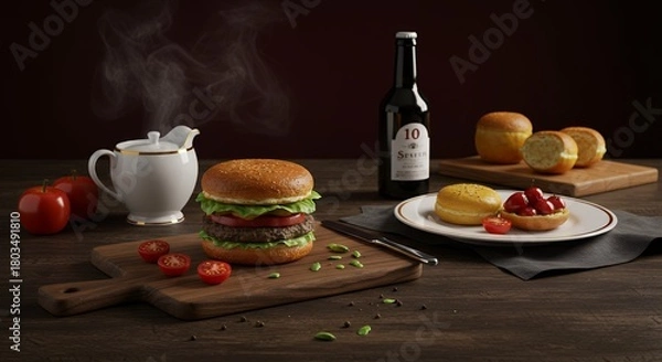 Fototapeta Burger, Tomatoes, Beer, and Bread on a Wooden Table