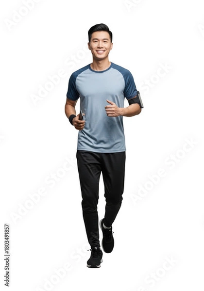 Obraz Full body shot of a smiling asian man jogging with armband and phone wearing sportswear activewear fitness apparel running isolated on transparent background