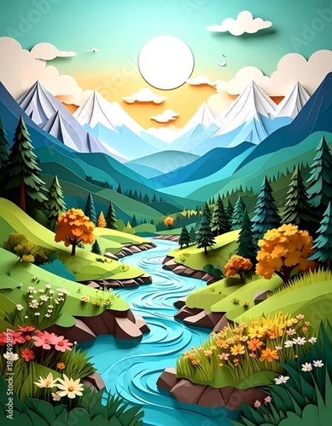 Obraz A vibrant scenic paper-cut landscape featuring mountains, a flowing river, trees, and colorful flowers, all under a bright sun