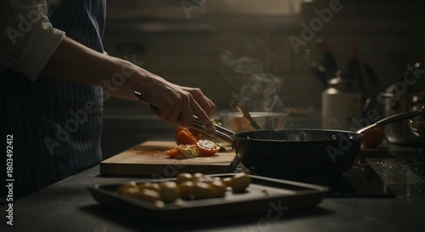 Obraz Chef Prepares Ingredients in Kitchen
