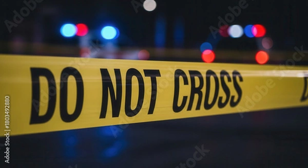 Fototapeta Caution tape reads 'Do Not Cross' for law enforcement, crime scene investigations and emergency response, creating drama, suspense, and intrigue