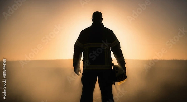 Obraz Brave firefighter silhouette stands strong against the sunset, embodying courage, resilience, and unwavering commitment to community safety and valor