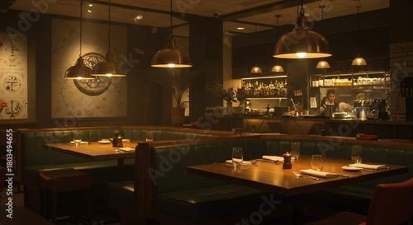 Obraz Restaurant Interior with Tables and Dim Lighting