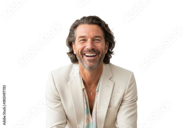 Fototapeta Smiling handsome man in suit with long hair portrait cutout png image for graphic design and editing isolated on transparent background