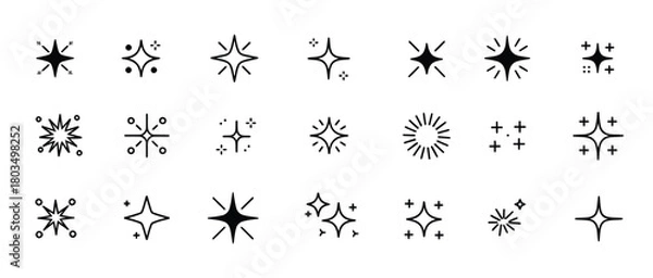 Obraz Magic light twinkle star illustrations in sketch doodle style, featuring glitter bursts, spark outlines, glowing sparkles, and celestial shine icons — ideal for posters, branding, and whimsical graphi