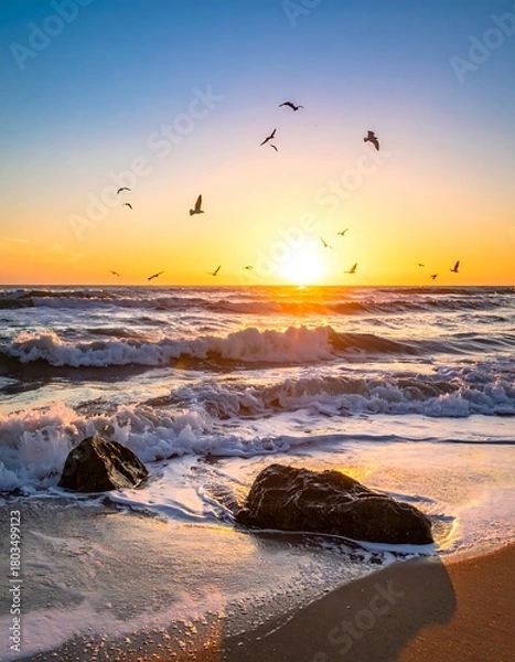 Obraz A vibrant sunset over a turbulent ocean. Birds soar as waves crash on a sandy beach, illuminated by a warm glow