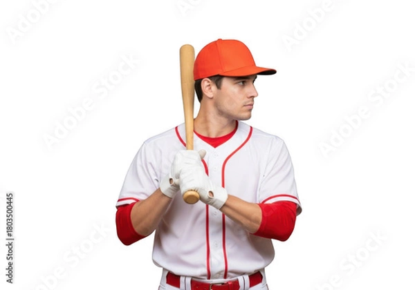 Obraz Professional baseball player with bat in uniform ready to swing action pose portrait photography stock image isolated on transparent background