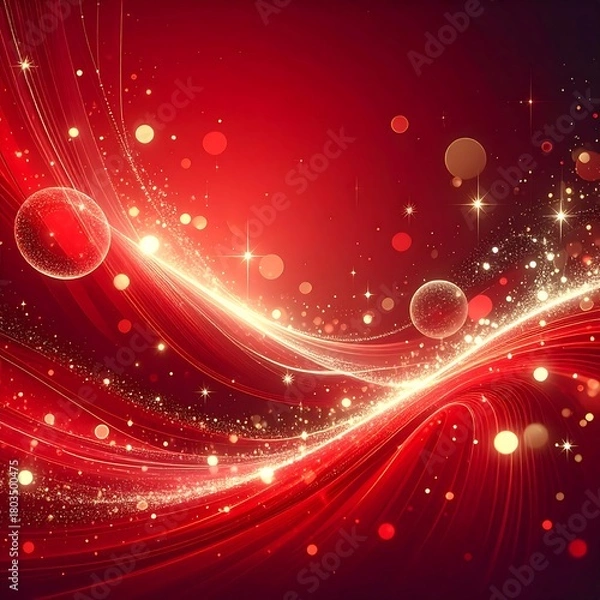 Fototapeta A vibrant, swirling red and gold abstract art piece with flowing lines, sparkling lights, and bokeh effects