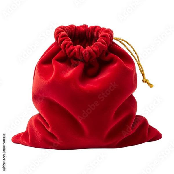 Obraz Vibrant red velvet gift pouch with golden drawstring, ideal for Christmas presents, festive promotions, luxury jewelry packaging, or Santa Claus surprise elements.