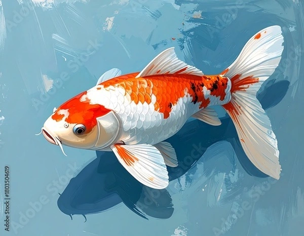 Fototapeta A vibrant, watercolor-style image depicts a colorful koi swimming in a tranquil aquatic environment, featuring flowing fins