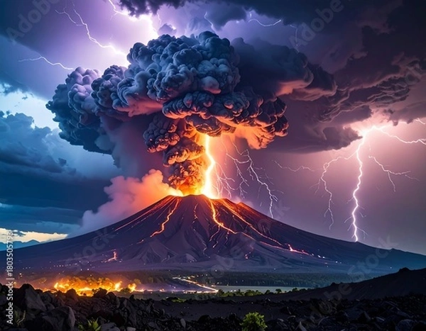 Obraz A volcanic eruption under a dramatic sky, with lightning striking the clouds and cascading lava flowing down the mountain