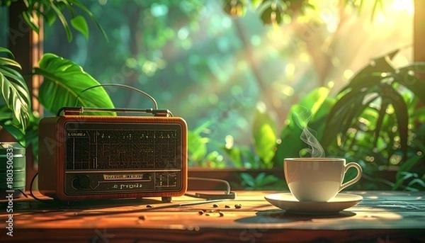 Fototapeta A warm and inviting scene, a retro radio sits beside a steaming coffee cup on a wooden table, with lush green foliage
